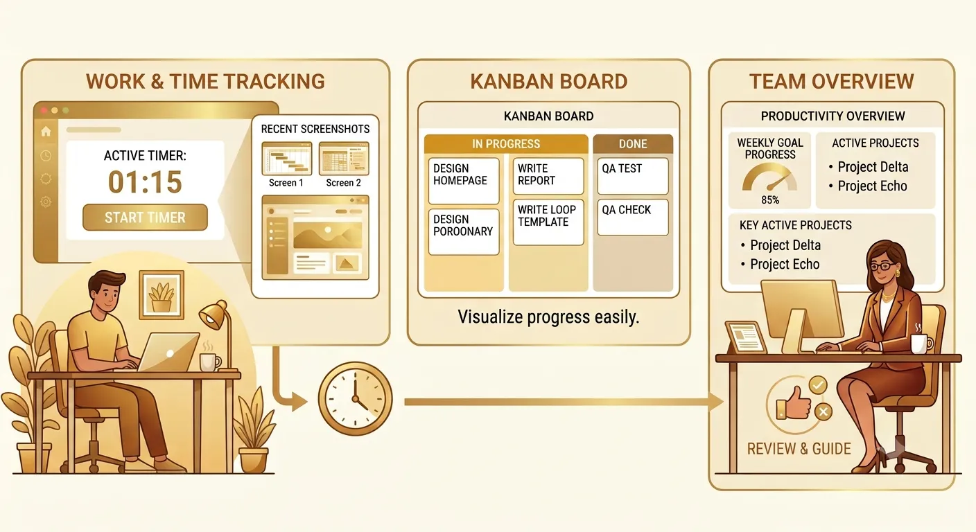 project management software with time tracking screenshots and kanban board for remote teams
