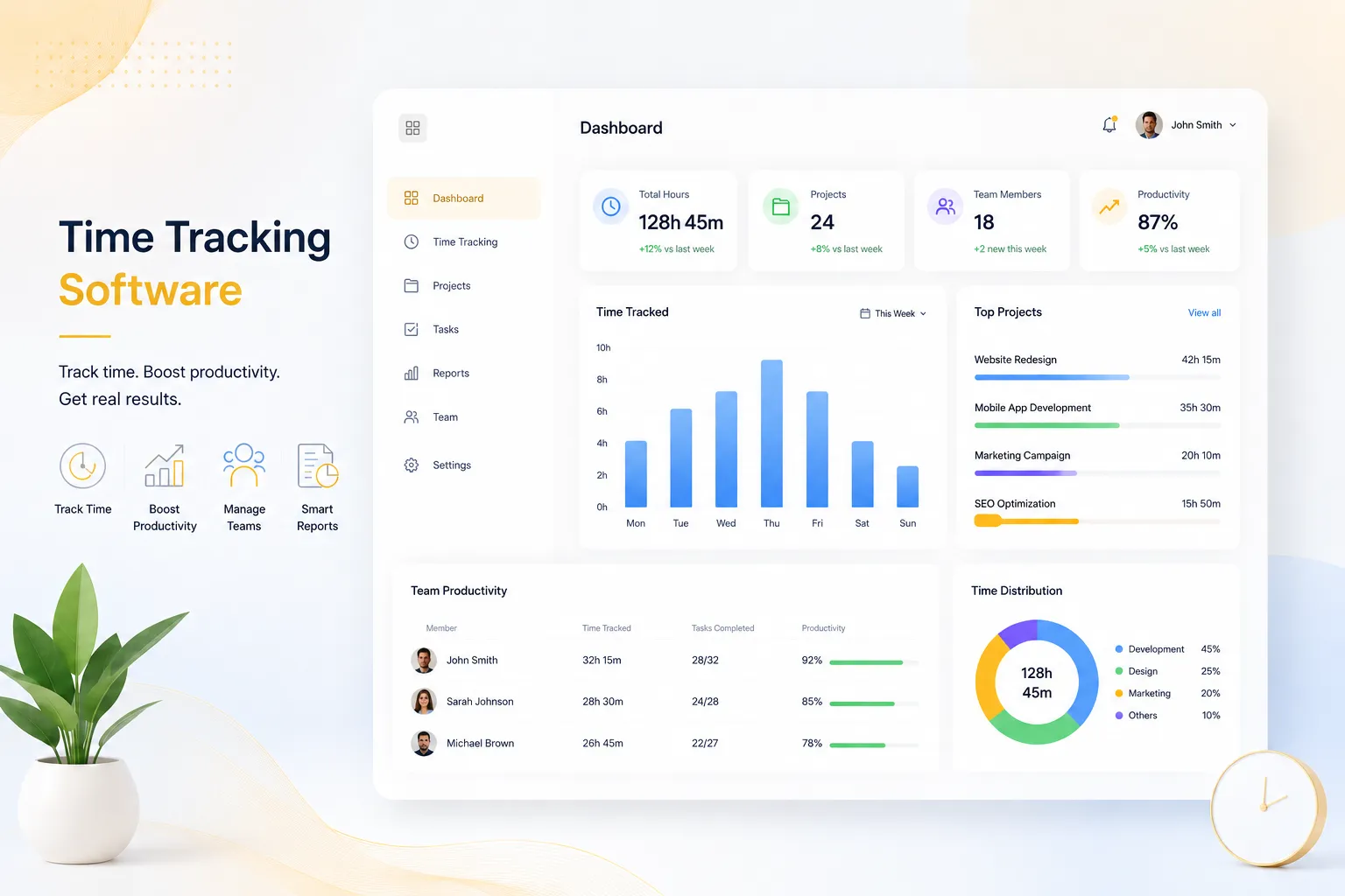 Time tracking software dashboard with employee productivity reports