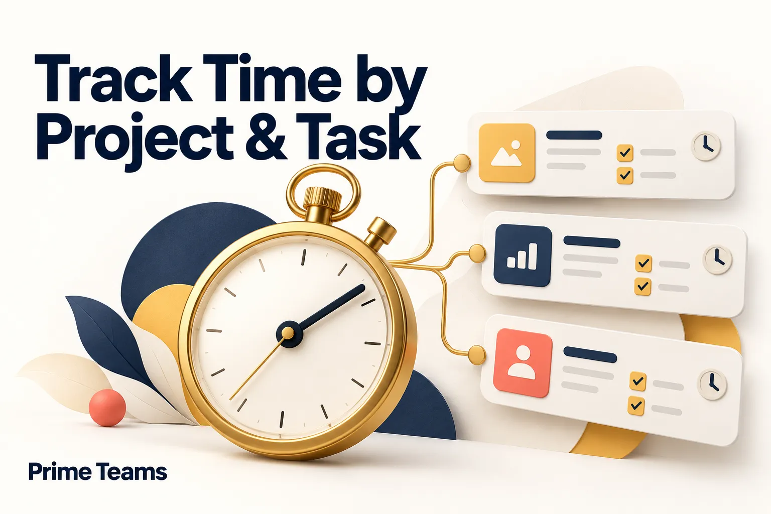 Gold stopwatch and project task cards illustrating time tracking by project and task