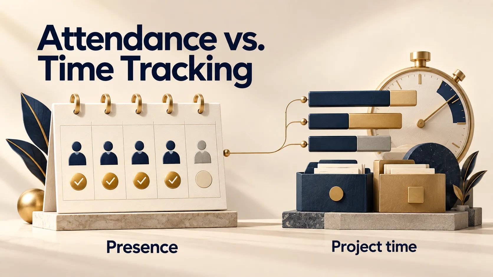 Editorial illustration of an attendance calendar beside project time-tracking bars